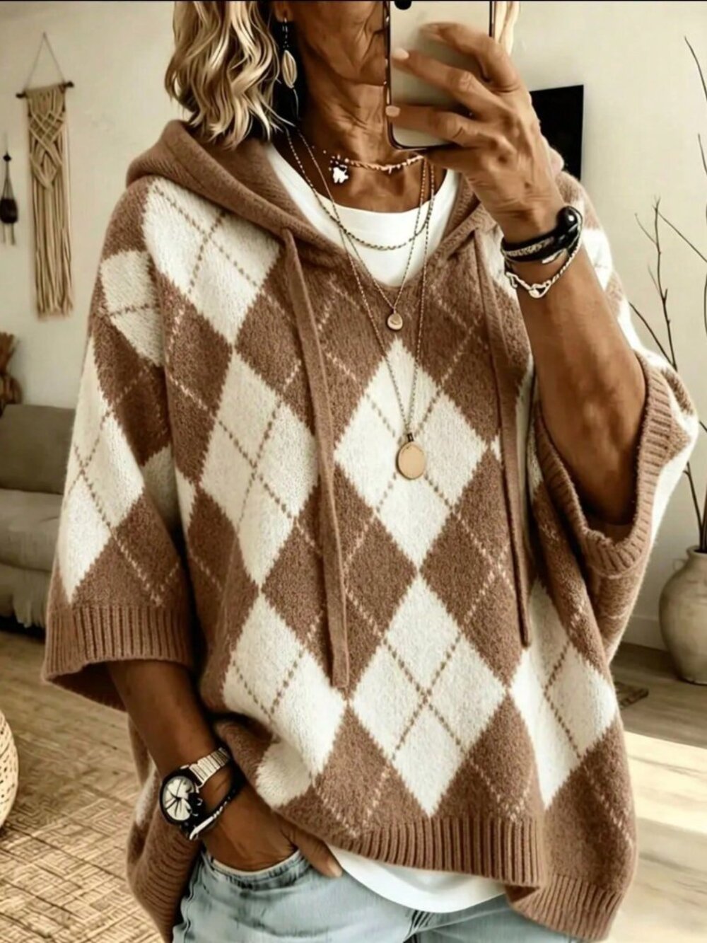Khaki Casual Women's Plus Size Hooded Drawstring Sweater
